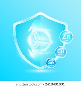 Eyeball human organ in blue shield glass with Vitamins Minerals Zinc copper and Selenium. Supplement nutrients necessary for health. Medical health care. Vector EPS10.