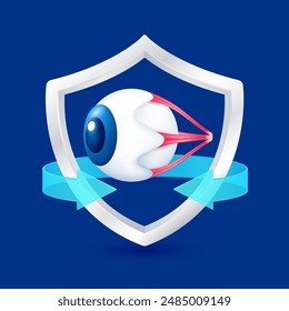 Eyeball human in silver shield surrounded by arrow. Protection symbol health care. Medical science concept. Organ model cartoon style 3d isolated on blue background. Vector EPS 10.