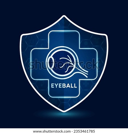 Eyeball icon inside shield with medical sign symbol cross futuristic. Medical health care innovation immunity protection. On dark blue background. Human lungs organ simple flat outline vector.