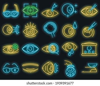 Eyeball icon set. Outline set of eyeball vector icons neon color on black