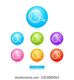 Eyeball icons for health care ads or website. Medical Icon human organ with exclamation check question mark, cross and thunder. Ball round 3d isolated on white background. Vector EPS10.