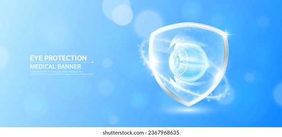 Eyeball inside glass shield glowing with medical icon sign symbol on blue bokeh lights background. Medical health care innovation immunity protection. Human anatomy organ translucent. Banner vector.