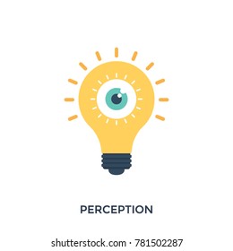 an eyeball inside light bulb symbolishing perception, flat vector illustration