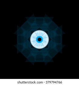 Eyeball in line drawing blue abstract shapes. Psychedelic vector illustration