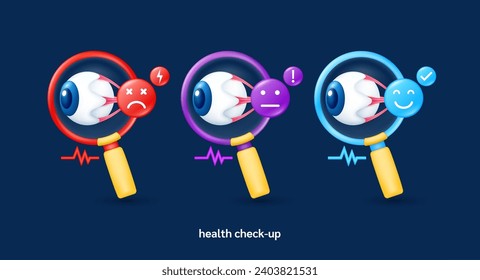 Eyeball in magnifying glass looking diagnose with icon sadly face worried and smiling. Pulse, thunder, exclamation, check mark. Medical health care check up. 3d organ anatomy cartoon vector.