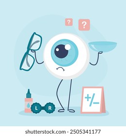 Eyeball mascot holding contact lenses and glasses, difficult decision to improve vision or wearing glasses. Funny eye character want use lenses for vision correction. Healthcare. vector illustration