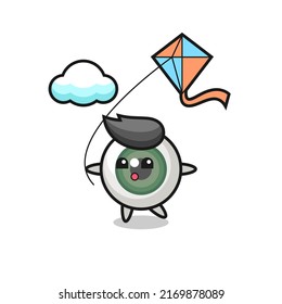 eyeball mascot illustration is playing kite , cute style design for t shirt, sticker, logo element