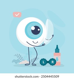 Eyeball mascot inserts contact lenses to improve vision or change eye color. Funny eye character uses lenses for vision correction. Nearsightedness or farsightedness. Healthcare. vector illustration