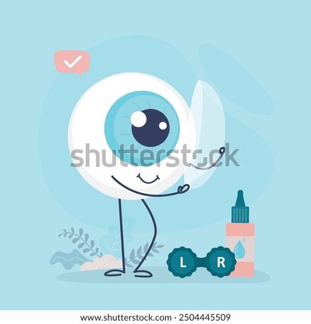 Eyeball mascot inserts contact lenses to improve vision or change eye color. Funny eye character uses lenses for vision correction. Nearsightedness or farsightedness. Healthcare. vector illustration