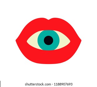 Eyeball in a mouth with red lips. Vector flat art illustration of Halloween.