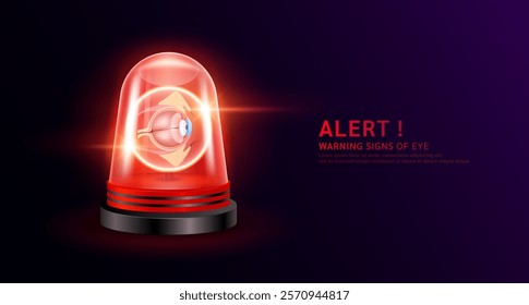 Eyeball organ human inside red siren light. Danger signs of eye disease. Warning flasher alert emergency. Medical distress signal. Vector EPS10.