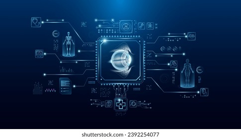 Eyeball organ human in microchip processor circuit board. HUD interface and a hologram. Modern treatment future medicine. Innovative health care analysis of AI technology digital hi tech. Vector.