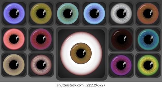 Eyeball mit farbigen Objektiven 14 Stück in grauen quadratischen Zellen. Vektorgrafik einzeln auf Augenheilkunde, Website, Werbung