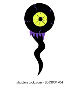 Eyeball. Silhouette with purple capillaries. Vector illustration. Isolated white background. White of the eye with a yellow pupil. Capillaries and irritation are visible. Halloween symbol. 