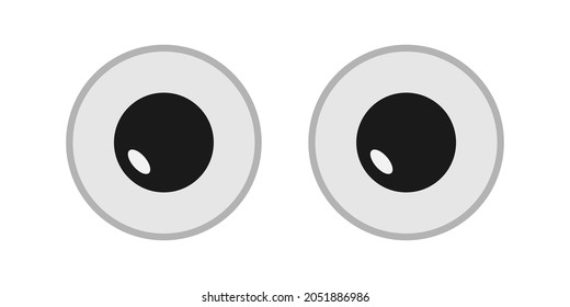 Eyeball of toy, googly eyes vector illustration. Wobbly plastic open eyes of doll looking forward, comic crazy round toys part with black pupil isolated on white background