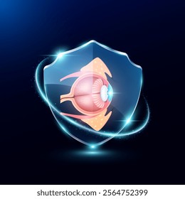 Eyeball in translucent glass shield modern. Surrounded by glowing ring safety guardian. Human anatomy organ on blue background. Medical health care immunity and protection concept. Vector EPS10.