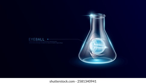 Eyeball transparent in beaker glass triangle test tube on dark blue background. Internal organ anatomy sample medical science experiment. Research genetic scientific concept. Vector EPS10.