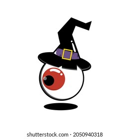 An eyeball wearing a wizard hat. Cute cartoon for your halloween sticker or logo. Cute eyeball mascot. Vector illustration.