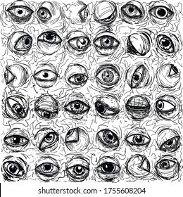 Eyeballs are arranged in rows and form a common abstract mass.