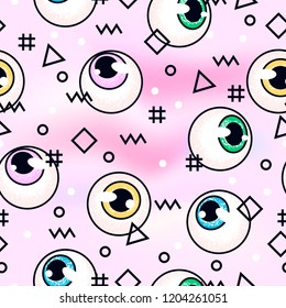 eyeballs. fashion pattern. eyes on a pink  background. Memphis seamless pattern