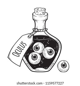 Eyeballs in glass bottle isolated. Sticker, patch, print or blackwork tattoo design hand drawn halloween art vector illustration. Latin inscription says EYE