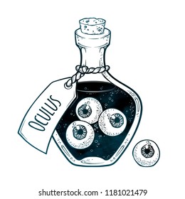 Eyeballs in glass bottle isolated. Sticker, patch, print or blackwork tattoo design hand drawn halloween art vector illustration. Latin inscription says EYE