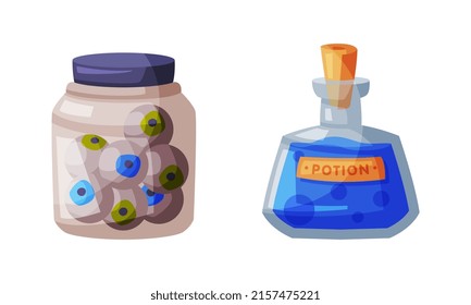 Eyeballs in glass jar and potion bottle. Witchcraft attributes, halloween objects cartoon vector illustration