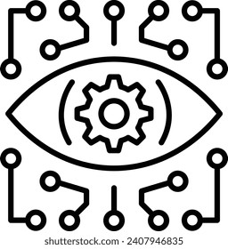concepto de exploración y seguimiento del globo ocular, diseño de icono de línea vectorial de imagen oftálmica, modelado predictivo o símbolo de control adaptativo, signo de inteligencia artificial, ilustración de circuito neural