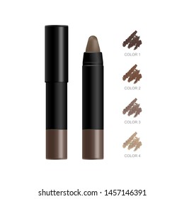 Eyebrow automatic pencil packaging with 4 natural colors swatches. Brow definer cosmetic product template in 3d vector realistic style. Black plastic case opened and closed.