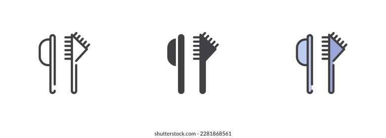 Conjunto de iconos de estilos diferentes de pincel de ceja. Línea, glifo y contorno relleno versión colorida, contorno y signo vectorial relleno. Símbolo, ilustración del logotipo. Gráficos vectoriales