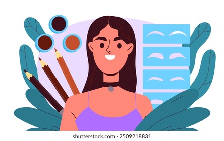 Eyebrow coloring concept. Woman with makeup and cosmetics products. Eyelasher and pencils. Girl with beauty, aesthetics and elegance. Flat vector illustration isolated on white background