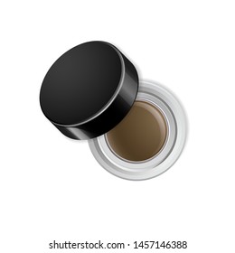 Eyebrow Cream Gel Pomade. Brow Make Up Product In A Round Glass Package With Black Plastic Cap. Vector 3d Realistic Mock Up Template Of Eyeliner Paint. Top View On Opened Case.