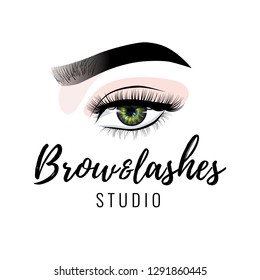 Eyebrow and eyelashes studio logo, beautiful perfect eye makeup design, long black lashes, vector illustration