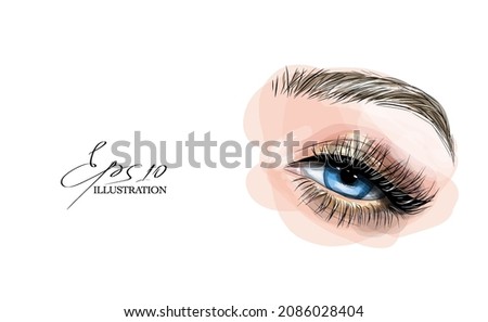 Eyebrow and eyelashes studio logo, beautiful perfect eye makeup design, long black lashes, vector