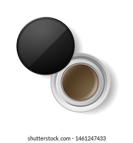 Eyebrow gel. Brow make up product in a round glass package with black plastic cap. Vector 3d realistic mock up template of creamy eyeliner paint. Top view.