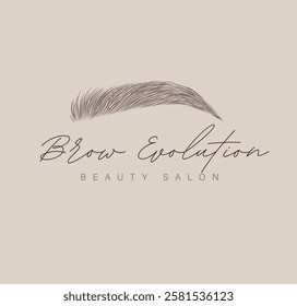 Eyebrow label design with lettering beauty salon drawing in art line style on beige background