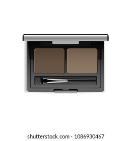 Eyebrow makeup shaping palette. Vector realistic 3d black silver plastic case with brown two color eyeshadow and eyebrow brush applicator. Top view isolated on white background.