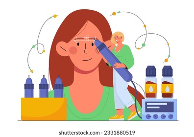 Eyebrow master with client concept. Stylist and visagist with cosmetic products. Young girl with apparatus plucks eyebrows. Aesthetics and elegance, beauty. Cartoon flat vector illustration