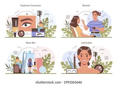 Eyebrow master concept set. Master making perfect eyebrows. Eyebrow shaping or correction specialist. Beauty routine concept. Flat vector illustration