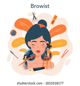 Eyebrow master and designer concept. Master making perfect brow. Idea of beauty and fashion. Eyebrow shaping specialist. Beauty routine concept. Flat design, vector illustration