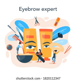 Eyebrow master and designer concept. Master making perfect brow. Idea of beauty and fashion. Eyebrow shaping specialist. Beauty routine concept. Flat design, vector illustration