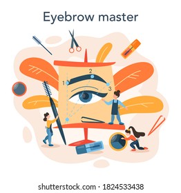 Eyebrow master and designer concept. Master making perfect brow. Idea of beauty and fashion. Eyebrow shaping specialist. Beauty routine concept. Flat design, vector illustration