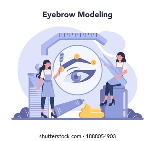 El concepto de maestro y diseñador de cejas. Maestro haciendo frente perfecto. Idea de belleza y moda. Especialista en formación de cejas. Concepto de rutina de belleza. Diseño plano, ilustración vectorial