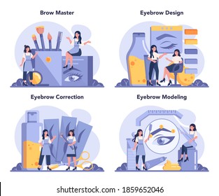 Eyebrow master and designer concept set. Master making perfect brow. Idea of beauty and fashion. Eyebrow shaping specialist. Beauty routine concept. Flat design, vector illustration