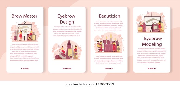 Eyebrow master and designer mobile application banner set. Master making perfect brow. Idea of beauty and fashion. Eyebrow shaping specialist. Beauty routine concept. Flat design, vector illustration