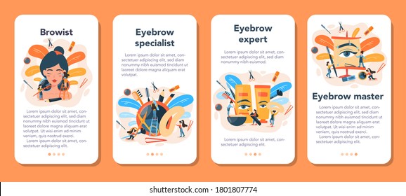 Eyebrow master and designer mobile application banner set. Master making perfect brow. Idea of beauty and fashion. Eyebrow shaping specialist. Beauty routine concept. Flat design, vector illustration