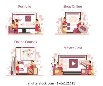 Eyebrow master and designer online service or platform set. Master making perfect brow. Idea of beauty and fashion. Portfolio, master class, online shop, online course. Vector illustration