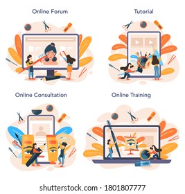 Eyebrow master and designer online service or platform set. Master making perfect brow. Idea of beauty and fashion. Online forum, tutorial, consultation, training. Flat vector illustration