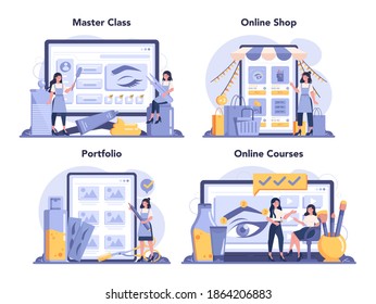 Eyebrow master and designer online service or platform set. Master making perfect brow. Idea of beauty and fashion. Online shop, master class, portfolio, course. Isolated flat vector illustration