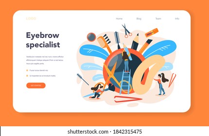 Banner web o página de inicio del maestro y diseñador de cejas. Maestro haciendo frente perfecto. Idea de belleza y moda. Especialista en formación de cejas. Concepto de rutina de belleza. Diseño plano, ilustración vectorial